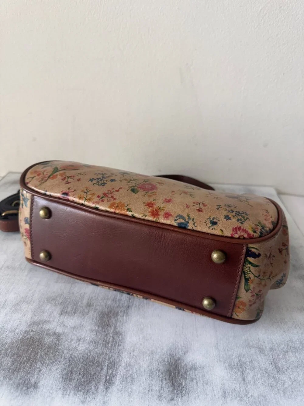 Patricia Nash Gracchi Prairie Rose Tan Framed Leather Satchel Xbody Floral